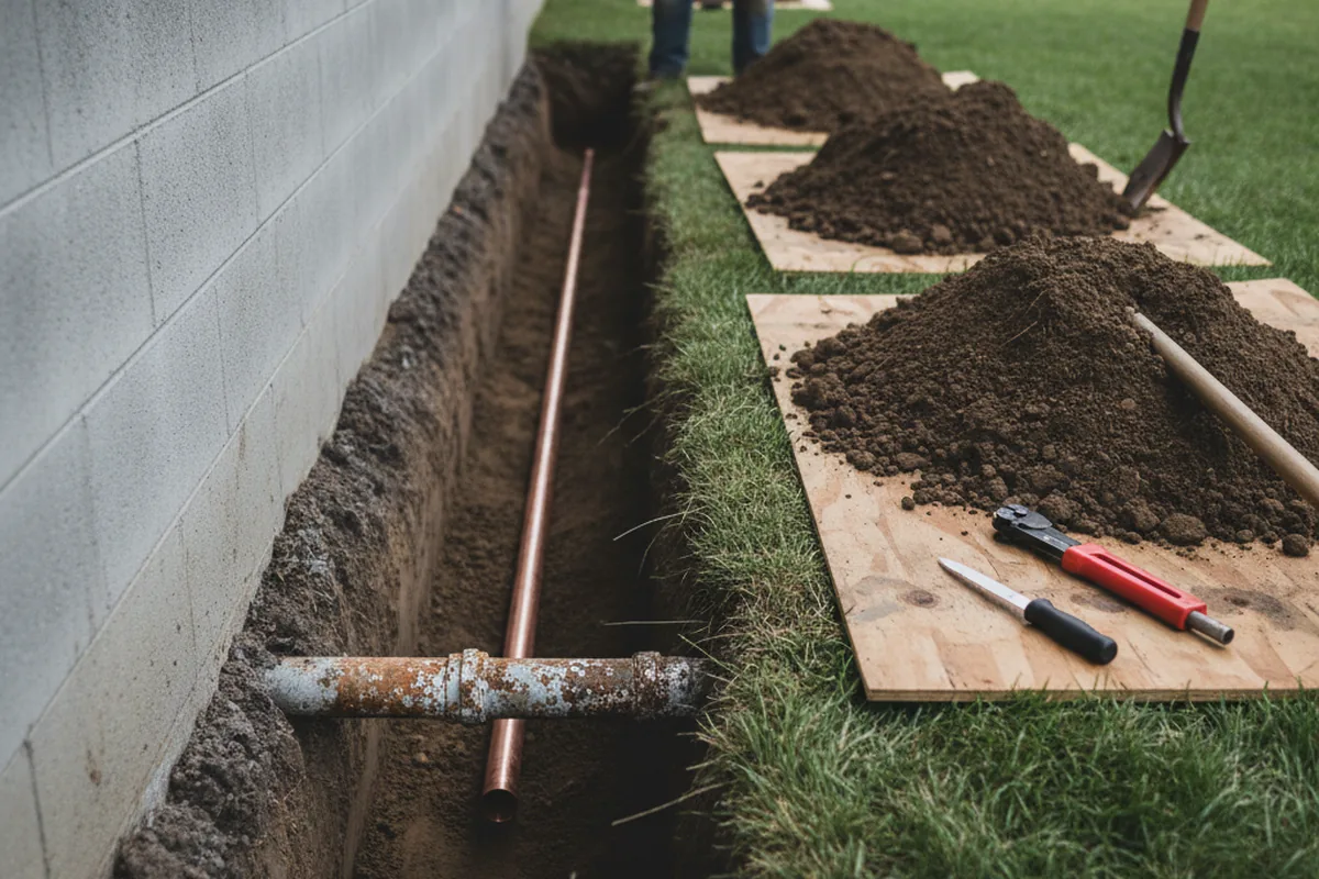 Excavated water line trench during Sewer Line Repair in Scotts Valley